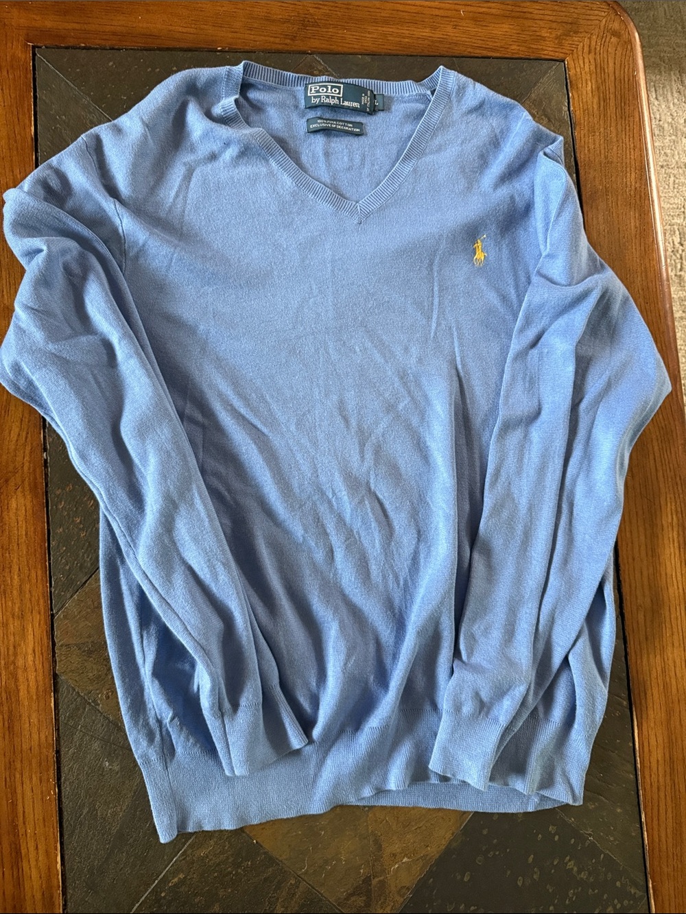 Polo by Ralph Lauren Men’s Sky Blue V-Neck Sweater with Yellow Pony